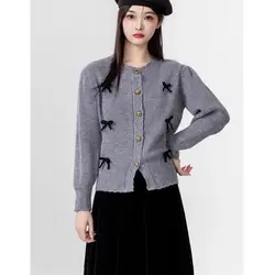 2024 Autumn New Puff Sleeve Bow Knitting Cardigan Women Clothing Fashion All-match Sweater Female Sweet Buttons O-neck Top Tee