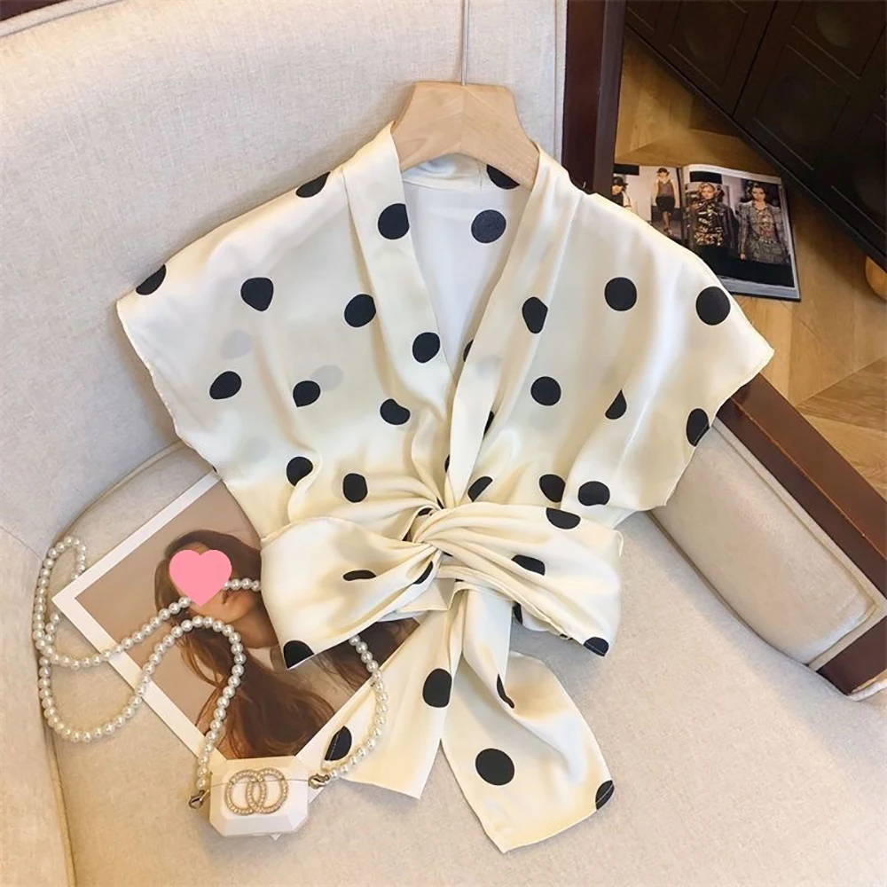 Sexy Cropped Shirt Women Vintage Polka Dot Slim V-Neck Short Sleeve Blouse French Retro Casual Bow Lace Up Summer Elegant Tops
