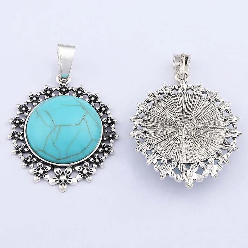 1 x Large Imitation Turquoises Stone Boho Tibetan Silver With Flower Pattern Charms Pendants For Necklace Making Accessories