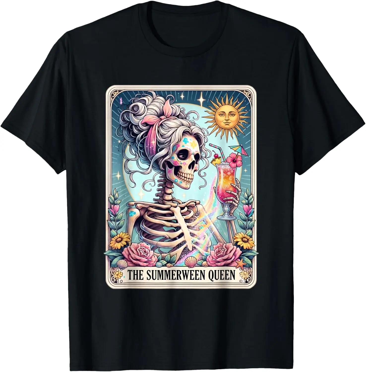 Summerween Funny Girl Women Skeleton Tarot Card Spooky Ghoul T-Shirt 100% Cotton Trendy Y2K Short-Sleeve Tee-Soft, Quick-Drying,