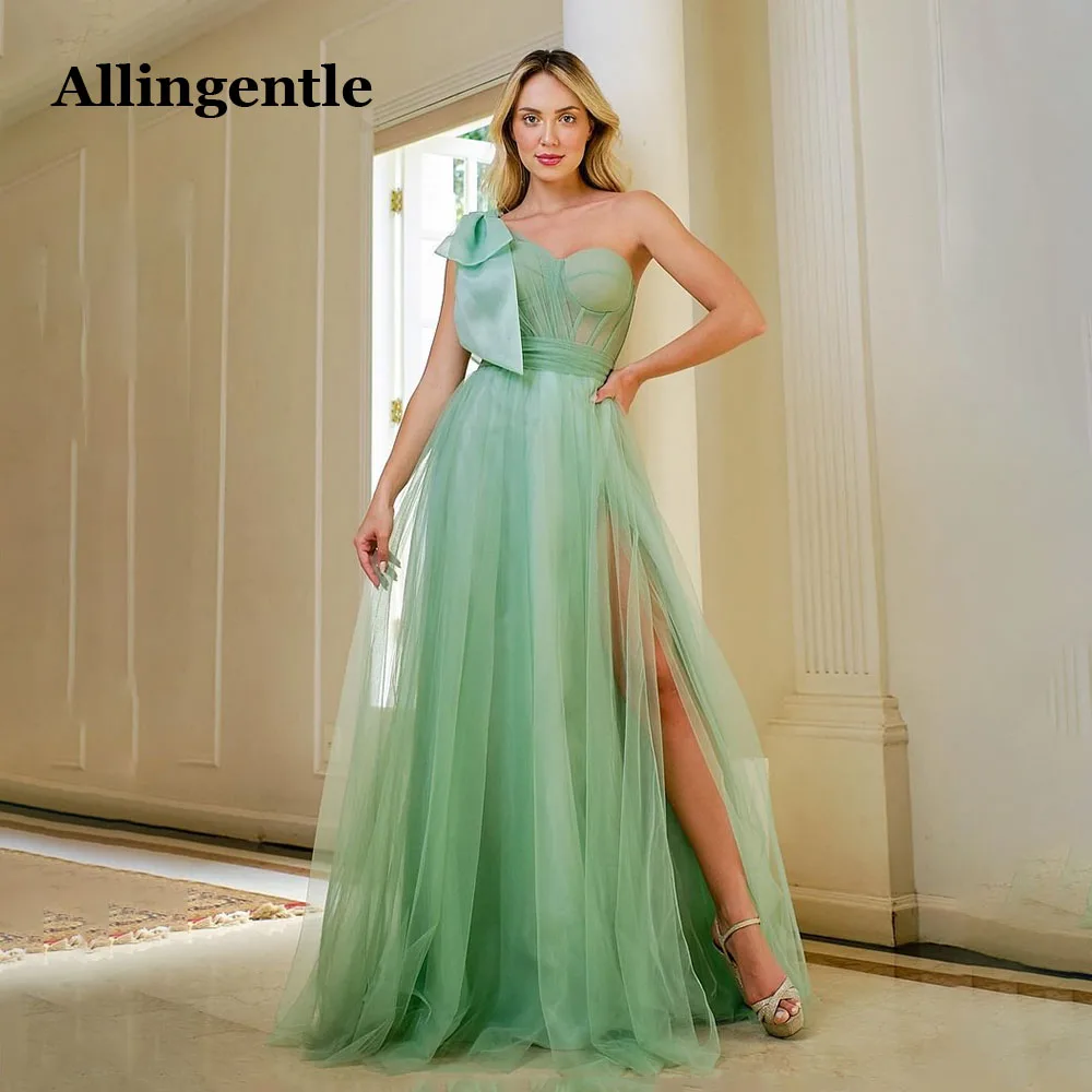 Allingentle Sage Green Prom Party Dress One Shoulder with Satin Bow Sweetheart Side Slit  A-Line Tulle Maxi Gowns فساتين السهرة