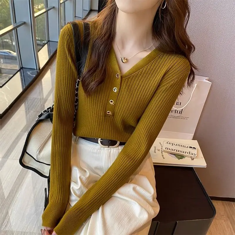 Women Autumn Winter Korean New V-neck Sweater Solid Buttons Look Thinner Versatile Knit Cozy Upscale Sweater Long Sleeved Tops