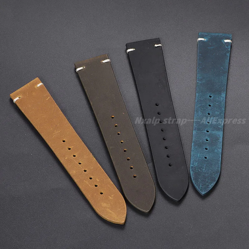 Handmade Stitching Cowhide Watch Band 18/20/21/22/24mm Oil Wax Vintage Leather Strap for Omega for Seiko Band Butterfly Buckle