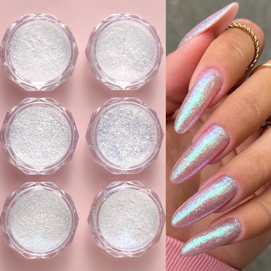 6 scatole Aurora cristallo bianco opale polvere per unghie olografica iridescente glitter paillettes strofinare polvere sirena camaleonte fiocchi manicure fai da te
