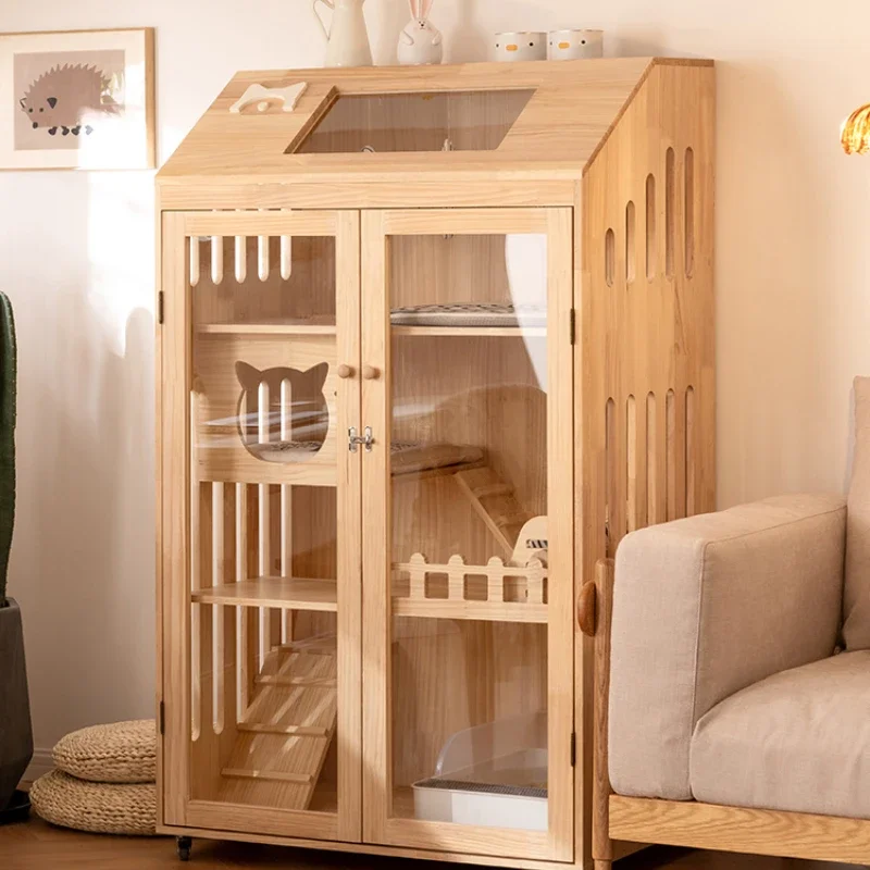 Cat Villa Solid Wood Cage Non-Occupied Home Indoor Cat House  Cabinet Kitty Nest Custom Villa House