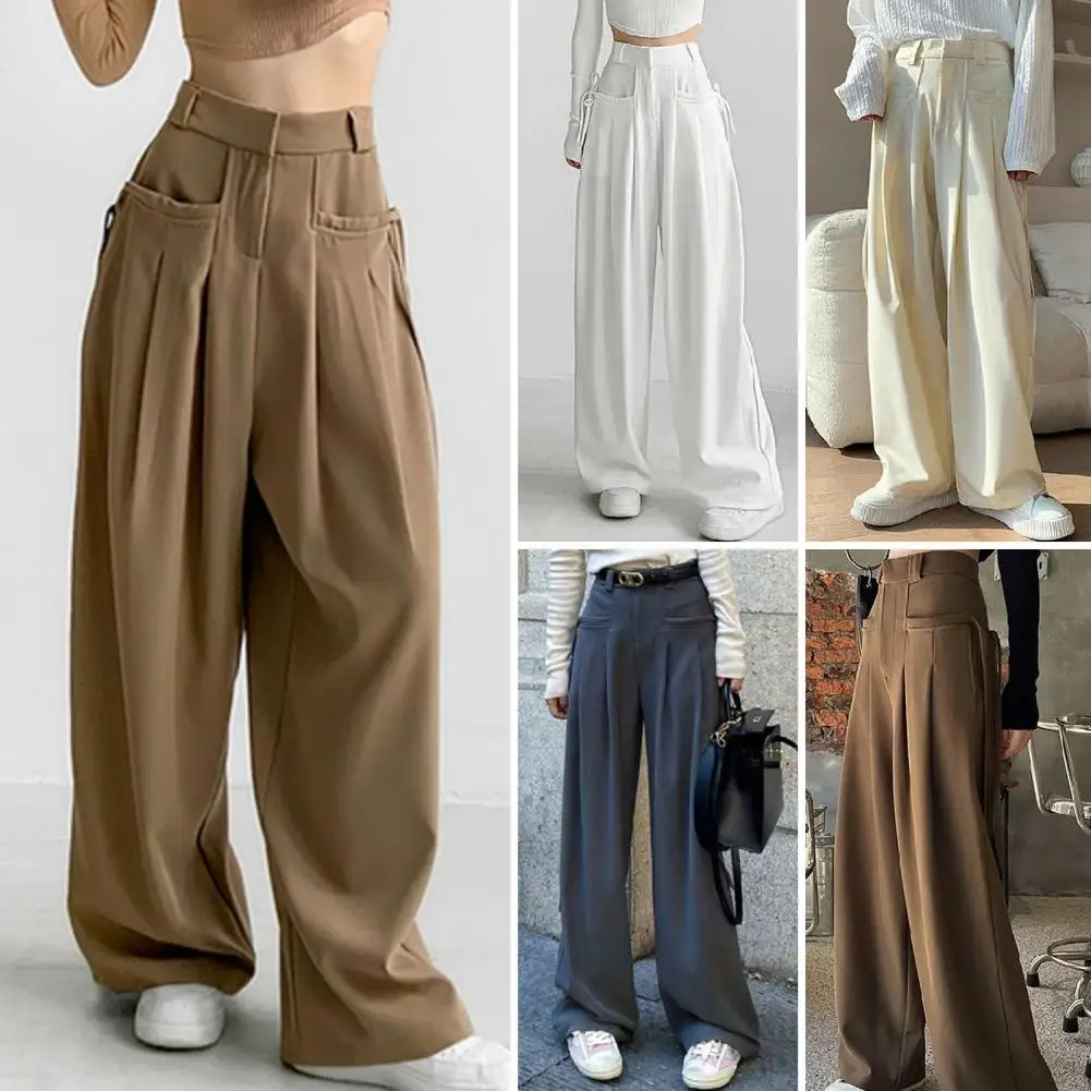 

Women Wide Leg Pants Skin-friendly Casual Pants Stylish Women's Wide Leg Pants with High Waist Pockets for Daily Wear for Spring