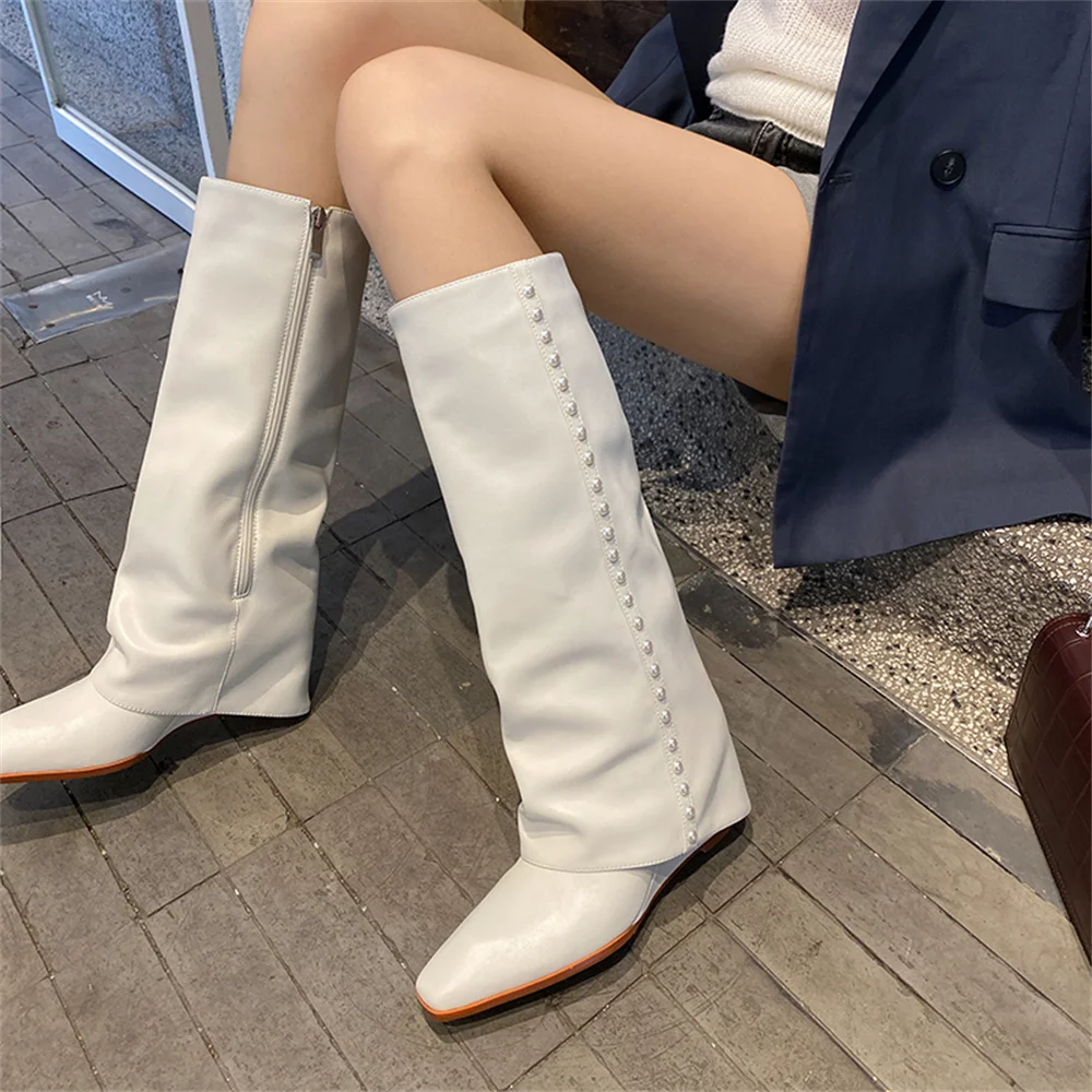 FEDONAS Ins Fashion Genuine Leather Knee High Boots Pearl Party Wedding Shoes Woman Slip On Women High Boots Autumn Winter Shoes