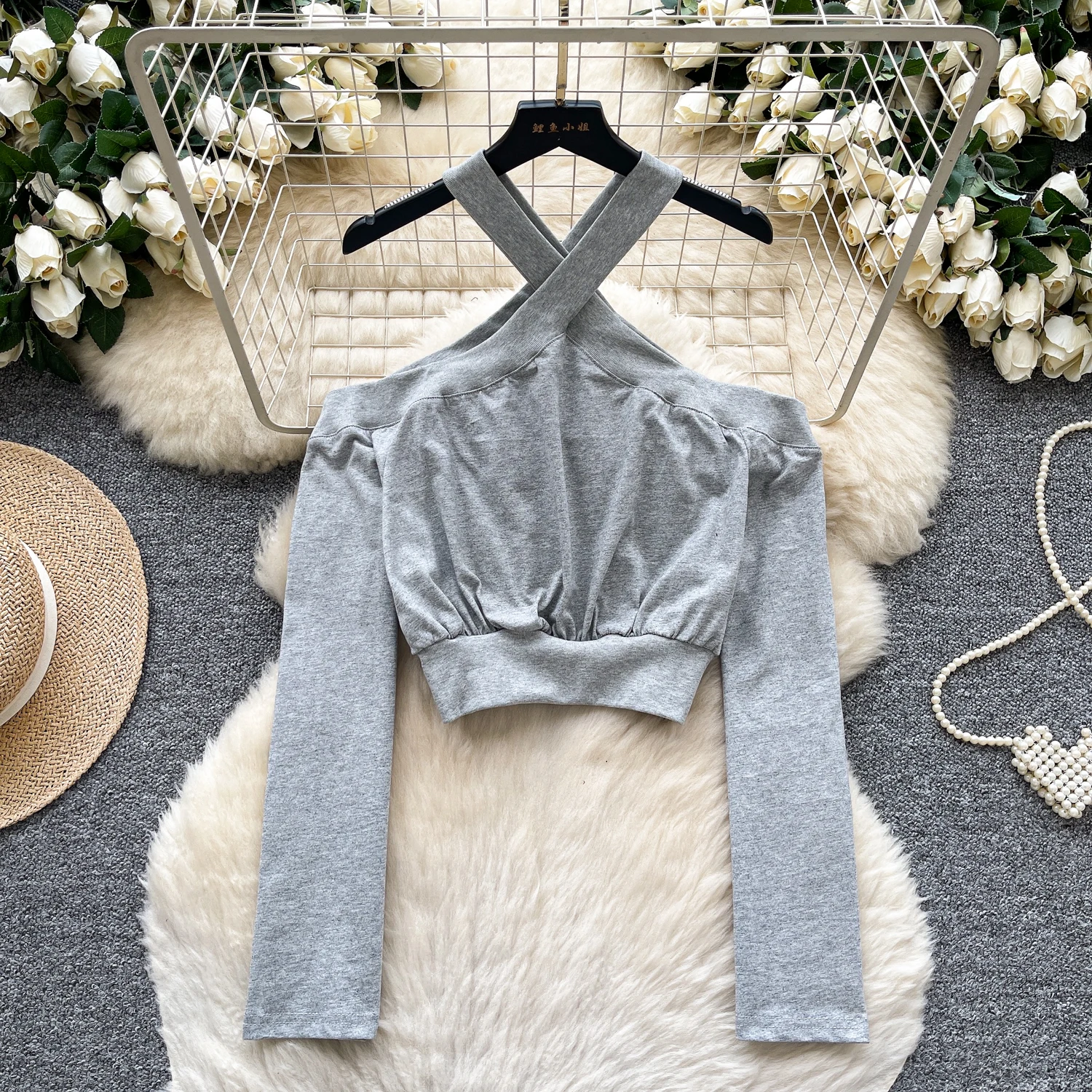 

Sexy long sleeve Criss-Cross halter slim Tanks Chic Women Party Top Y2k High Street women clothing