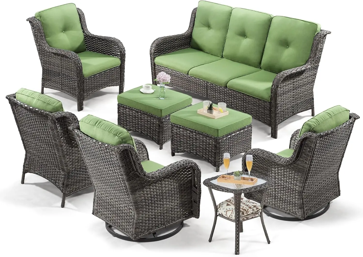 Wicker Patio Furniture Sets 8 Piece Set with 3 Seat Sofa 2 Swivel Rocking Armchairs 2 Armchairs 2 Ottoman and 1 Side Table