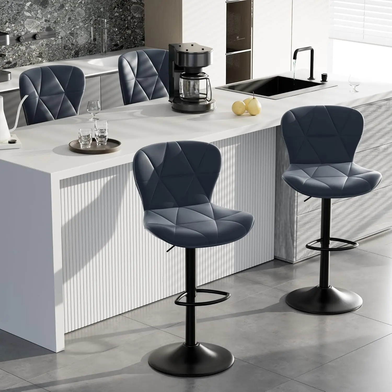 Adjustable rotary twill chair, faux leather bar chair, high table with high back, for kitchen island use, dark blue