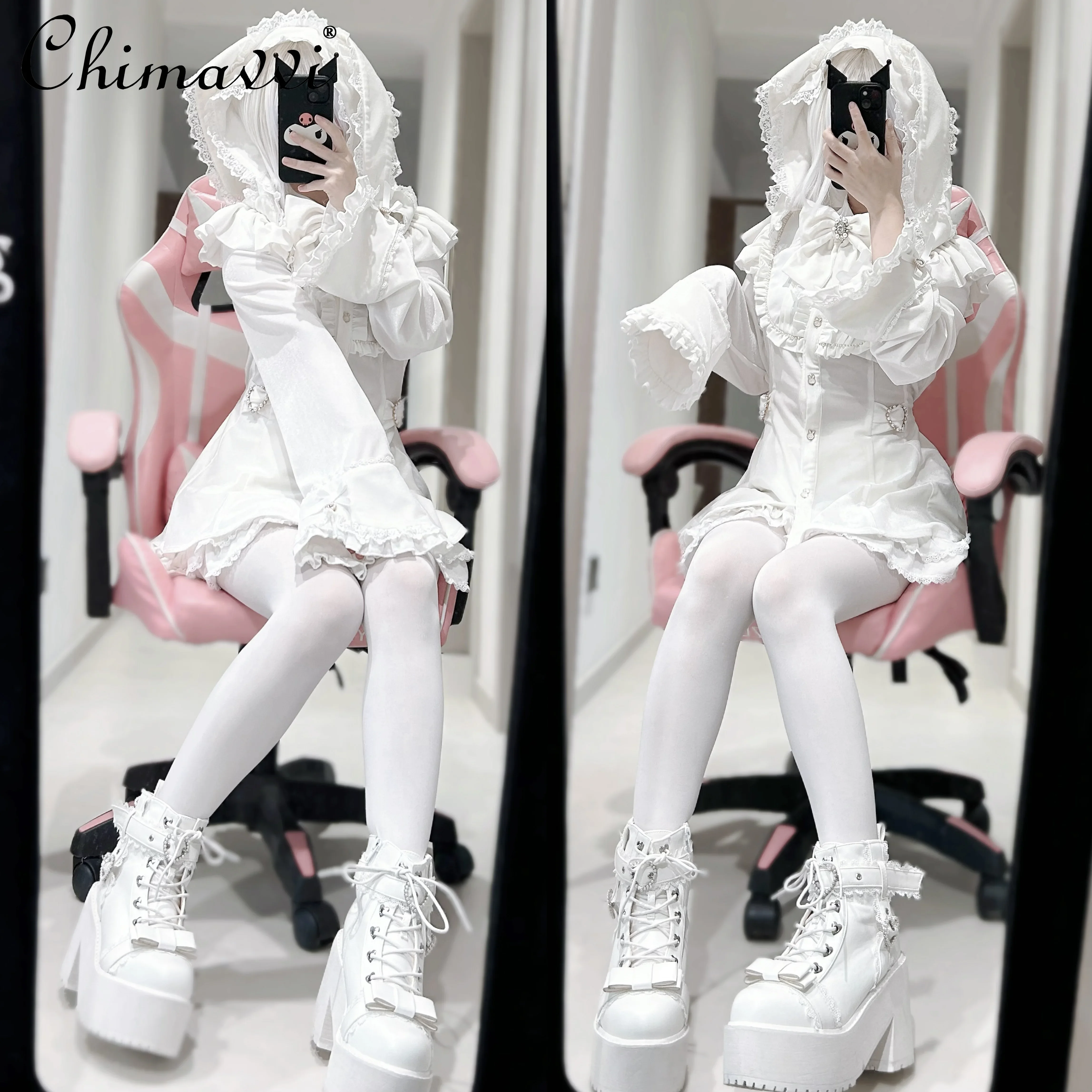 Japanese Mine Series Mass Production Solid Color DOLL Soft Girl Rabbit Ears Hooded Long Sleeve Top and Shorts 2piece Lolita Sets