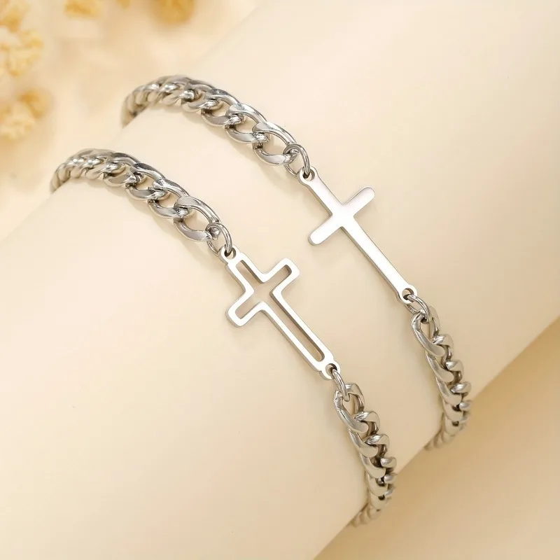 2-Pack Stainless Steel Chain Bracelets for Men Women Trendy Hip Hop Fashion Accessories