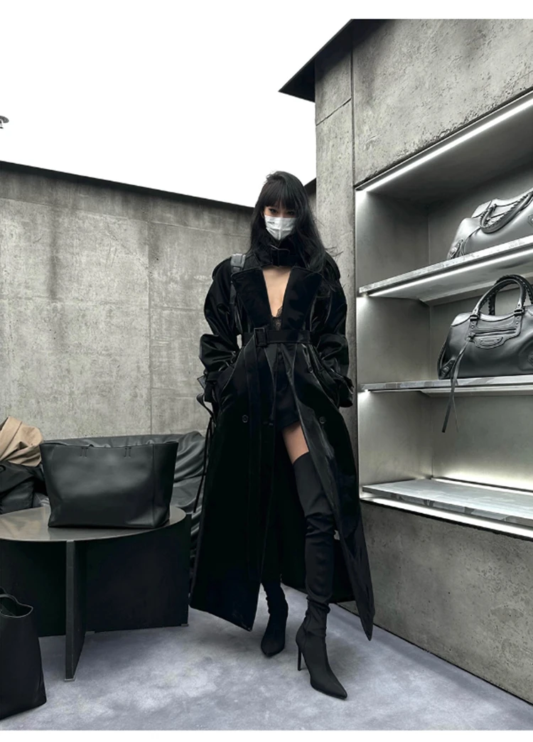 Lautaro Spring Autumn Extra Long Oversized Cool Reflective Shiny Black Patent Leather Trench Coat for Women Belt Runway Fashion