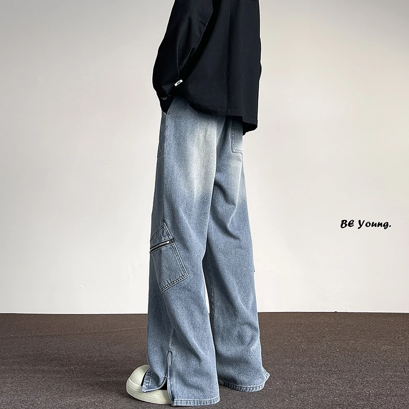 남성용 바이브 스타일 가을 워싱 지퍼 청바지, 힙합 견고한 와이드 레그 팬츠, 느슨한 스트레이트 튜브 데님 바지