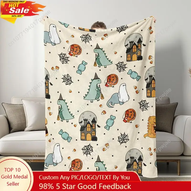 

Halloween Dinosaur Flannel Blanket, Soft Plush Throw with Cute Hand-Drawn Design, Perfect for Kids Room Decor Custom blankets