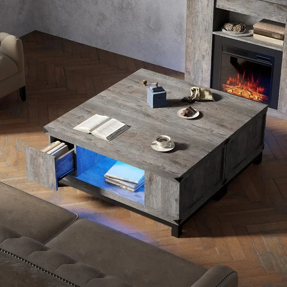 

Coffee Table with Storage Drawers, Square Tea Tables with Double Storage Shelves, LED Coffee Table