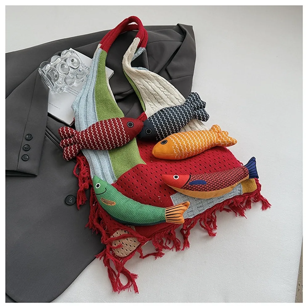 

Summer Cotten Crochet Shoulder Bag Large Capacity Fish Tassels Beach Handbag Handbag Fashion Hollow Out Weave Bag Shopping Bag