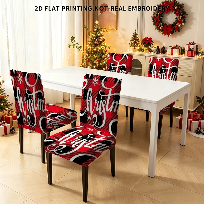 2/4/6 PCS Christmas Plaid Merry Christmas Elastic Dining Chair Covers, 2D Flat Printed Christmas Decoration Chair Covers