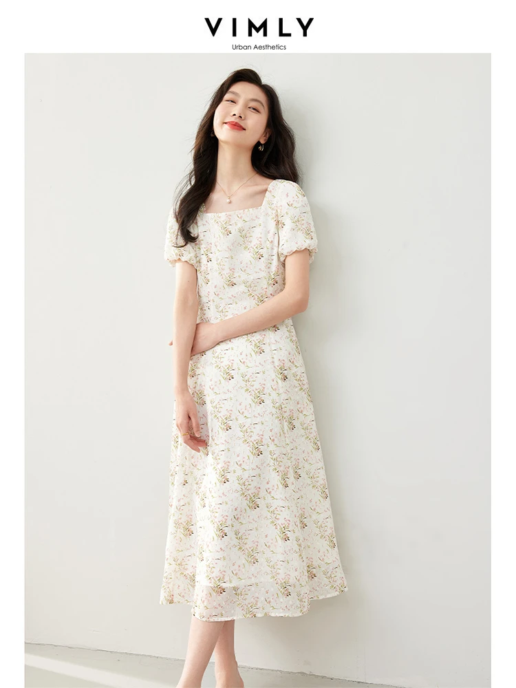 

VIMLY French Square Neck Dresses For Women 2024 Summer Flower Print New Casual Puff Sleeve Printed A-Line Lace-Up Dress M7032