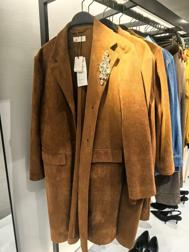 

Fall 2025 New Women's Brown Snaps Faux Suede Effect Coat Korean Sle Loose Fit Polyester Fiber Long Sve Mid-Length Coat