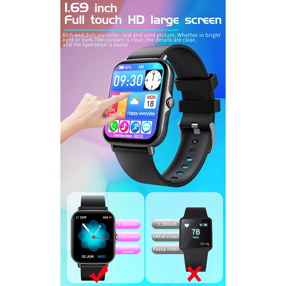 Men Women Smartwatch Thermometer Blue Tooth Call Smart Watch 1.69 Full Touch Screen Sports Music Fitness Tracker For Android IOS