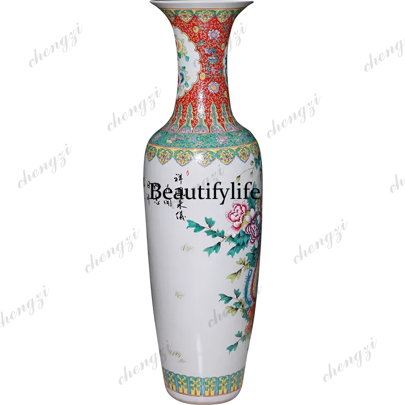 03 Ceramic hand-painted pastel floor-to-ceiling large vase, Fenglaiyi living room decoration large ornament