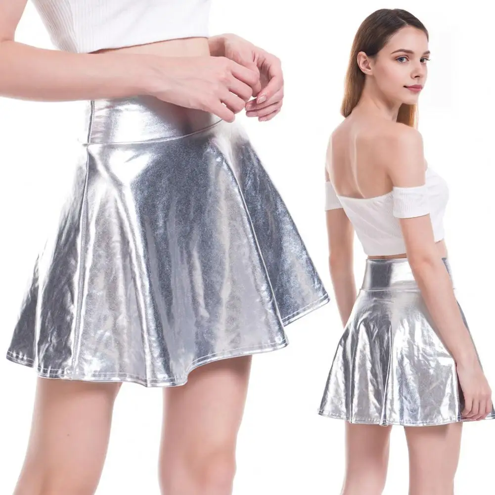 Glossy Surface Mini Skirt Stylish High-waisted Mini Skirts for Women Glossy Surface A-line Hem Skater Skirt Solid for Stage