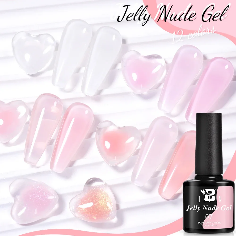 BOZLIN Jelly Nude Gel Nail Polish Kit 7.5ml Light Pink Peach Translucent Color UV Light Cure Gel Varnish Nail Art DIY at Home