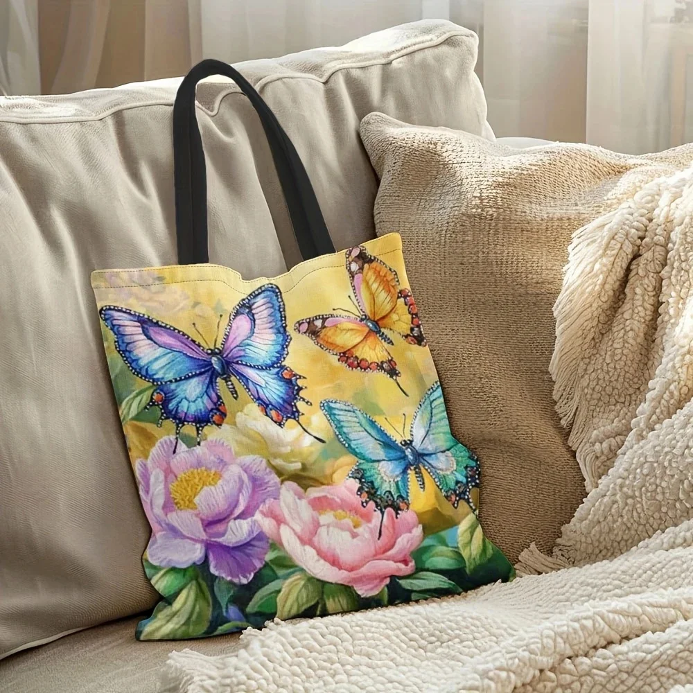 1pc Stylish Floral Butterfly Print Tote Bag – Vibrant Polyester Shoulder Bag for Shopping, Groceries & Everyday Use