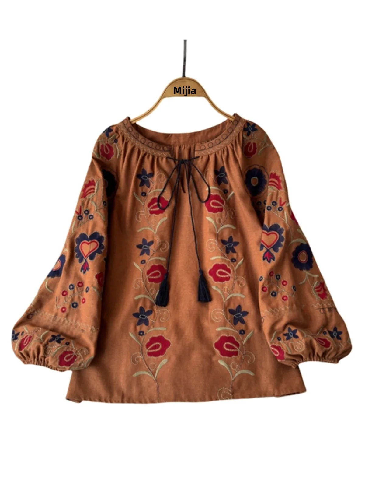 قميص نسائي فضفاض بأكمام فانوس وتطريز ثقيل بأسلوب عرقي، تصميم جديد للربيع والخريف يبرز الرشاقة