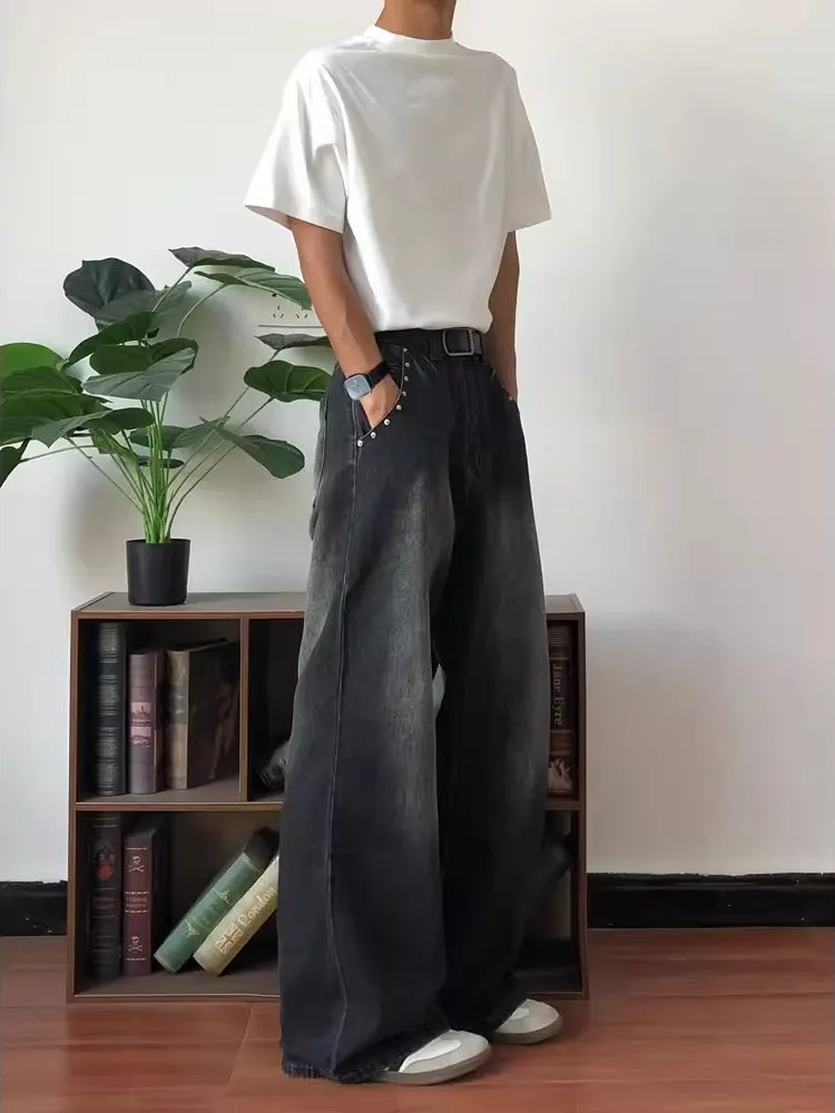 

Waed adual Bla Rivet Design Men's Casual Loose Straight Leg Jeans Wide Leg Floor Length Pants Trendy Youth Cotton Denim