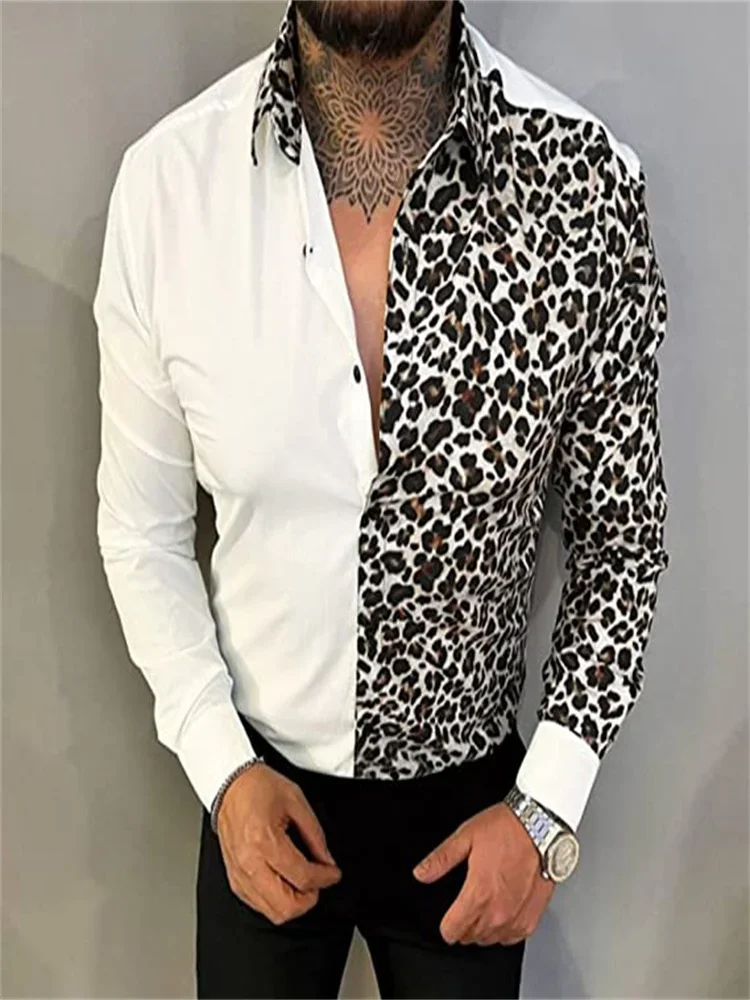 2023 Fashion New Men\'s Retro Leopard Print Animal Print Button Long Sleeve Casual Shirt S-6XL Size Black White Leopard Print