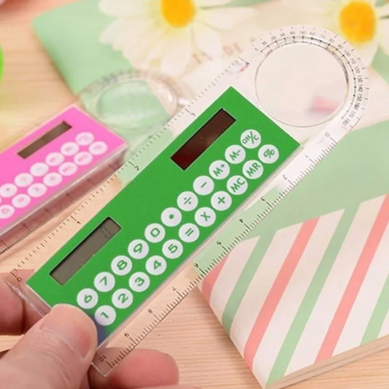 Hot Sale Mini Ultra-thin Straight Ruler with Solar Calculator Magnifier Multifunction Calculator 10cm School Office Supplies