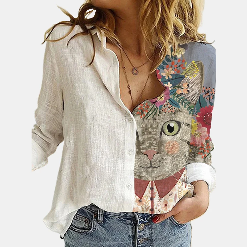 

Lovely Cat Printed Tops Cotton Linen White Shirts Female Autumn Lapel Long Sleeves Single Breasted Blouses Ladies Streetwear 5XL
