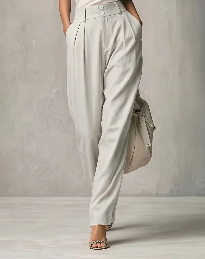 Versatile and Simple Style for Commuting, Double-Button Elastic Waist, Loose Fit, Slimming, Lightweight, Elegant, Casual, Everyday, Workplace, Intellectual, Solid Color, Suit-Style Straight-Leg Pants, Spring and Summer Women's Outfit