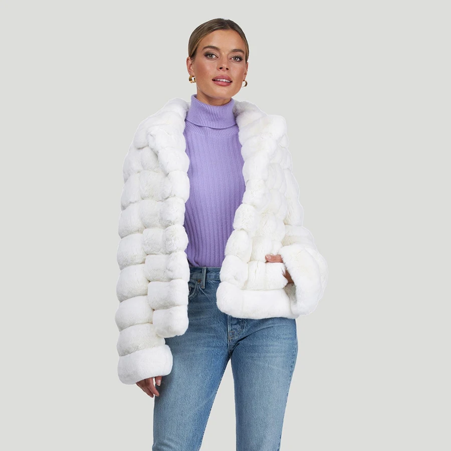 Abrigo de piel de conejo Rex Natural para mujer, Chaqueta corta de invierno, chaquetas de piel Real cálidas de lujo, 2024