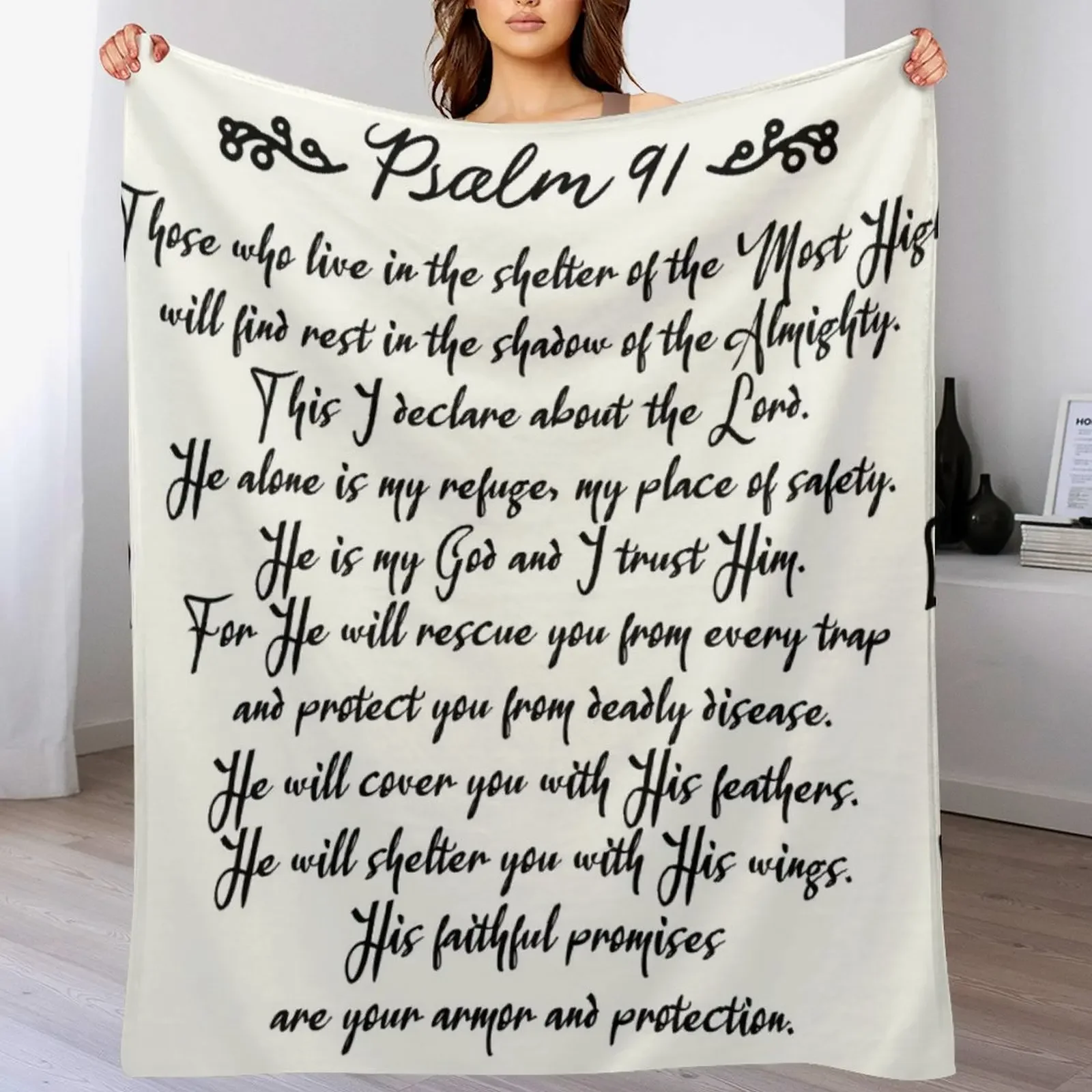 

Psalm 91 | Christian Inspirational Bible Verse Decorative Handwriting Throw Blanket Lightweight Cozy Blanket for Bed Sofa