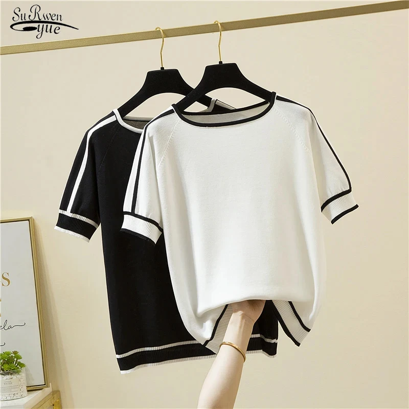 Summer Short Sleeve Tops Casual Thin Knitted T-Shirt Camisetas Mujer Elegant Woman Clothes Striped Fashion Tee Shirt Femme 18841