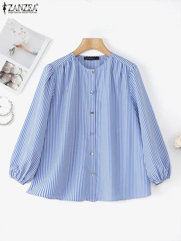 ZANZEA 2025 femmes rayé imprimé hauts vacances col rond automne Blouse longue lanterne manches tuniques mode coréenne boutons Blusas