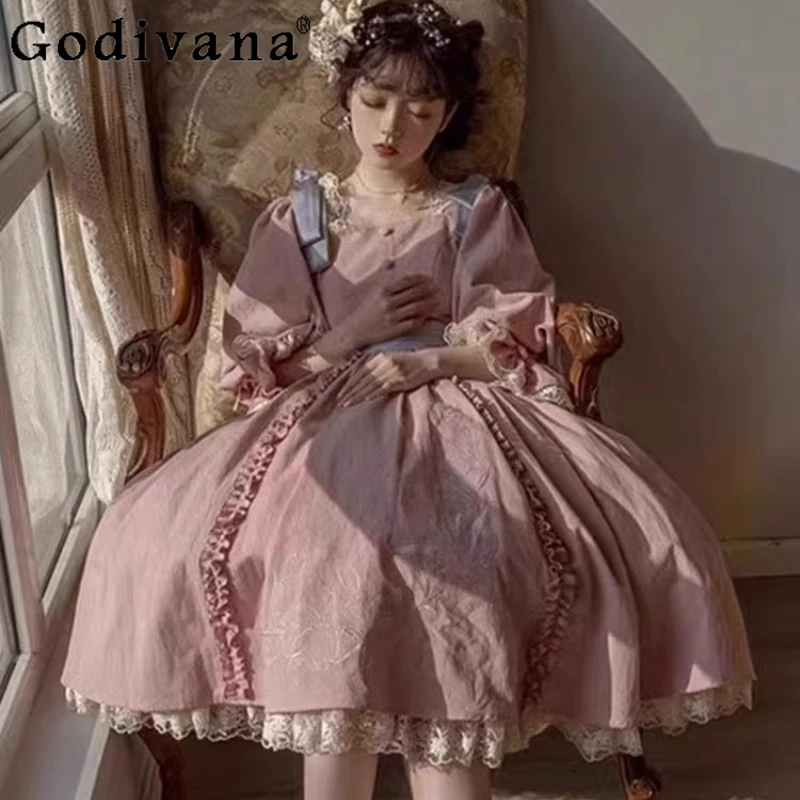 

Pink Palace Style Retro Lolita Dress Women's Square Neck Luxurious Elegant Gown Dress Female Heavy Craft Princess Dress