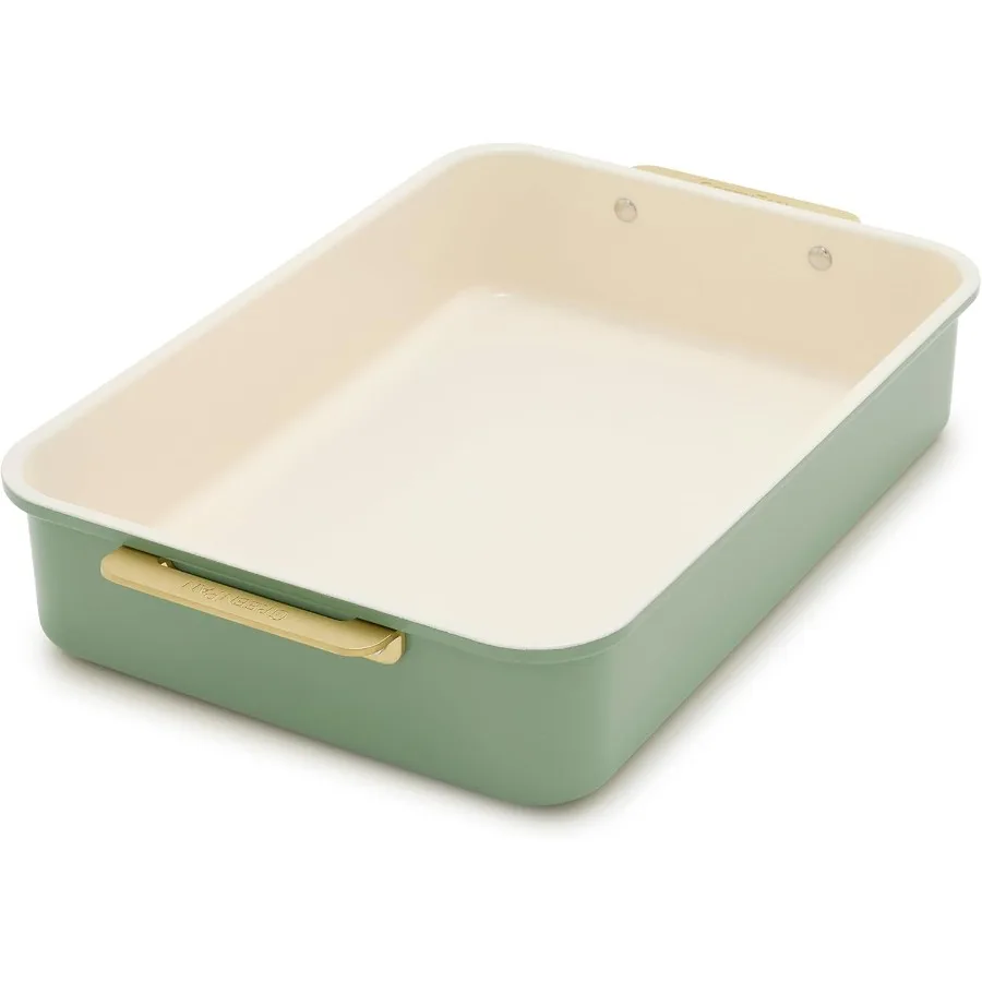 

Bakeware Rectangular Cake Pan Ceramic Nonstick Baking Pan PFAS and BPA Free Gold Handles Durable Steel Freezer to Oven Dish Scr