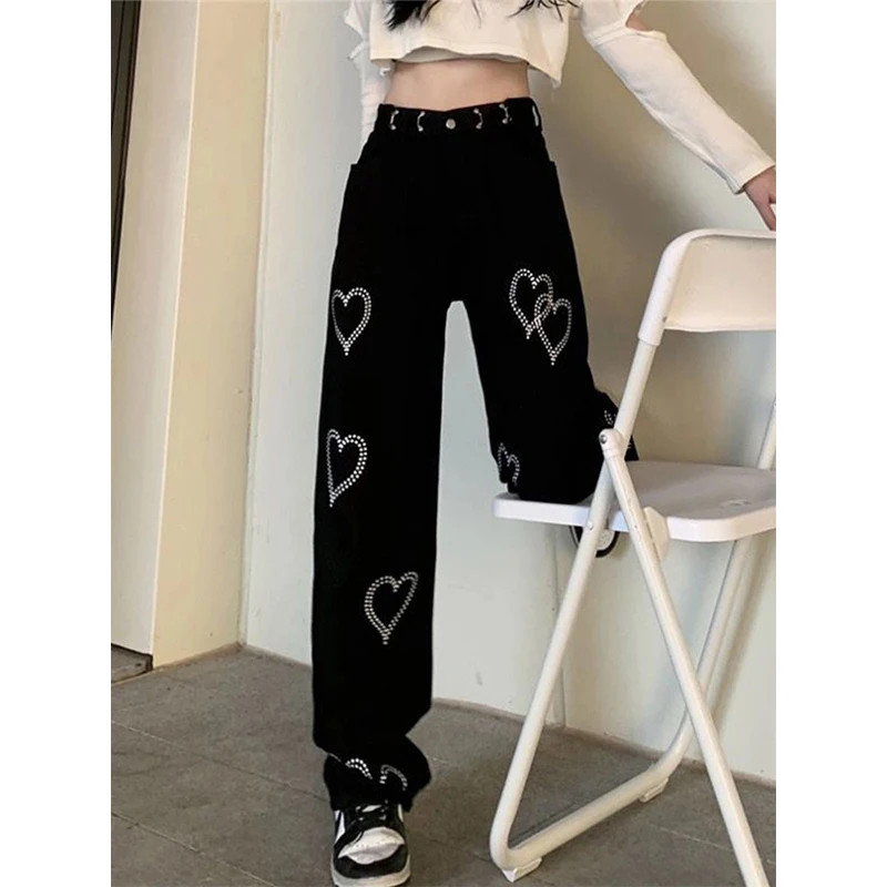 MEXZT-Jeans College Love pour femmes, pantalons en denim taille haute, pantalons à jambes larges, streetwear décontracté, fjt droit, coréen, Y2K, Harajuku