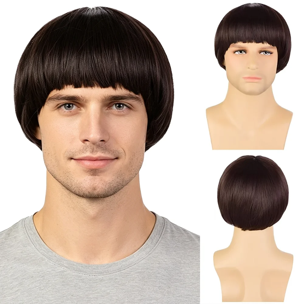 Men Short Straight Wig Mushroom Cut Bowl Cut With Bangs Natural Heat Resistant Synthetic Hair For Daily Halloween Cosplay Party