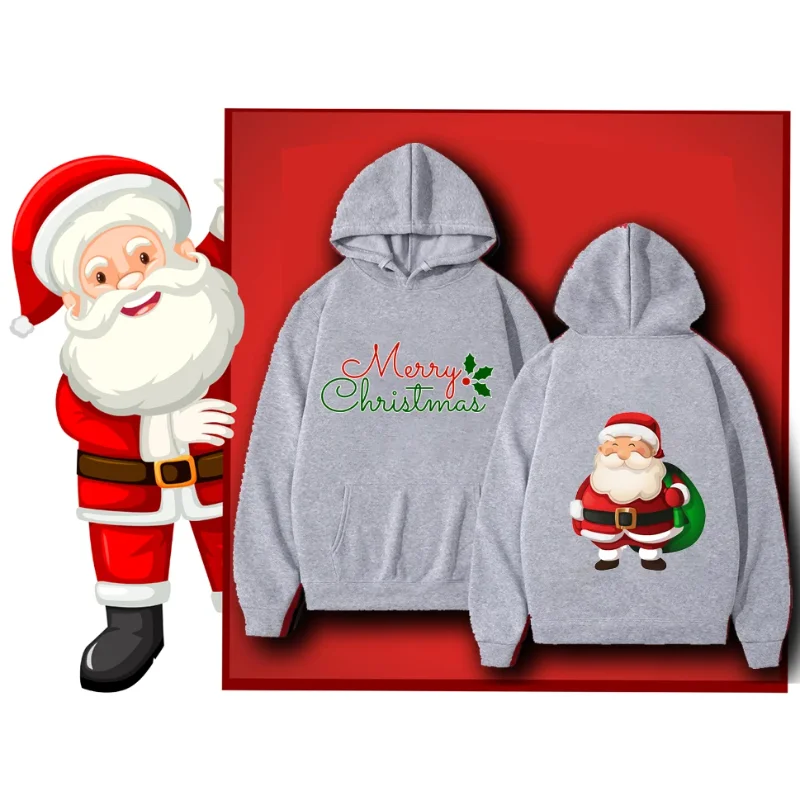 Christmas Themed Print Santa Claus Casual Hoodie for Everyday Street Wear A Comfortable Crew-neck Pullover Hoodie