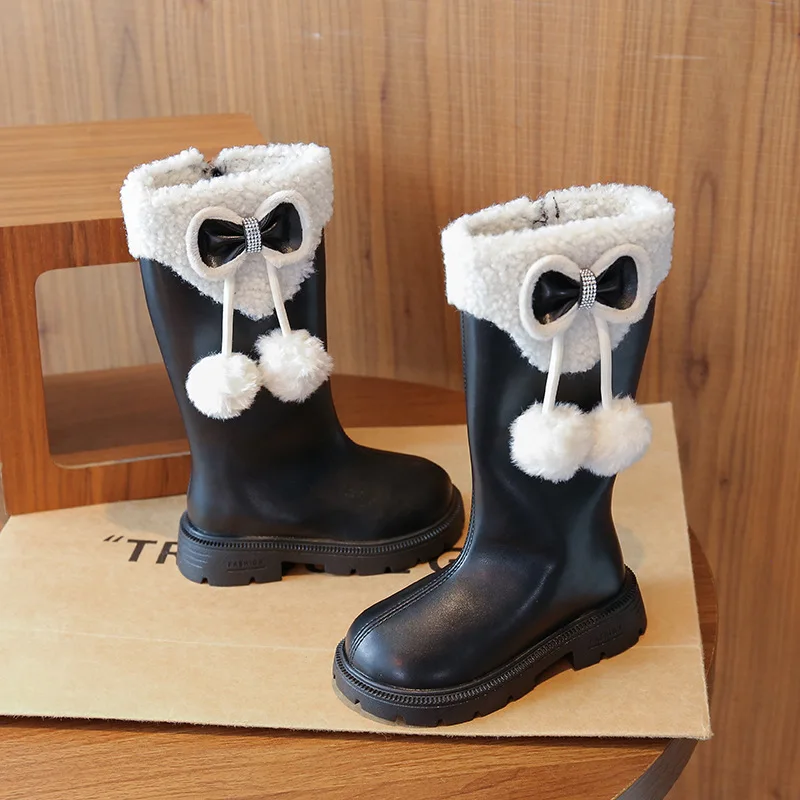 

2025 Winter New Children High Boots for Girls Fashion British Style Soft Bottom Anti-slippery Versatile Leather Shoes with Fur