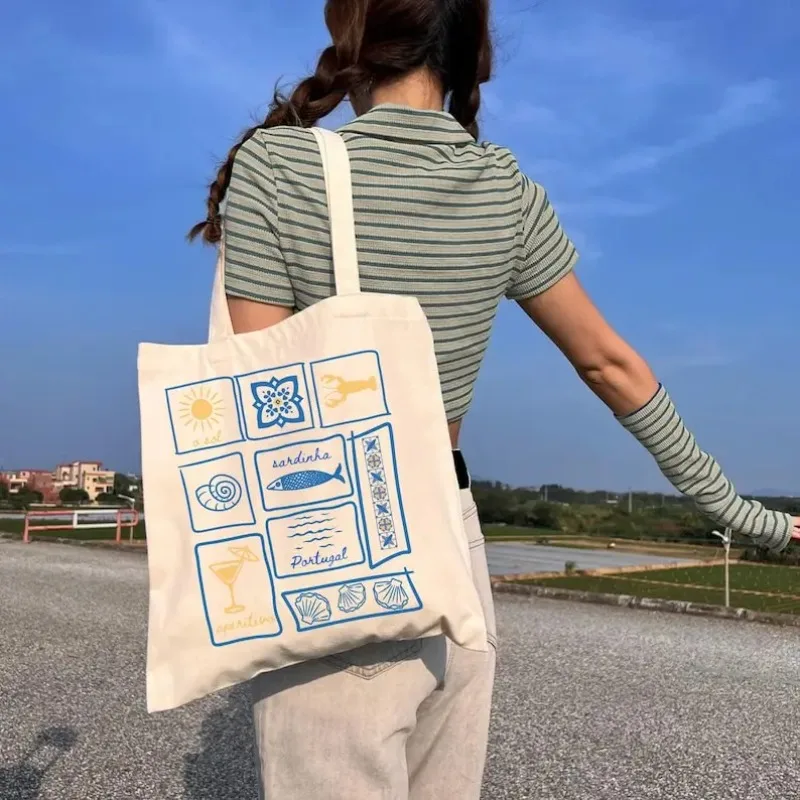 Portugal SardinesTote BagFisherman Aesthetic Shopping Bag Beach Vacation Reusable Grocery BagCanvas HandbaEco Friendly Bag