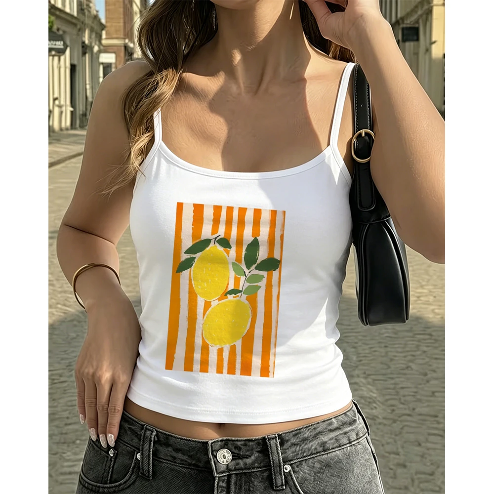 Lemon Graphic Cami Women Orange Stripe Fruit Print Tank Top Sleeveless Vest Summer Trendy Fashion Fresh Daily Wear