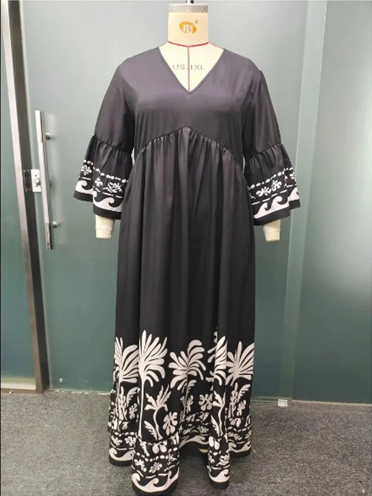 GIBSIE-Vestido solto preto de manga comprida, decote em v, balanço, linha A, longo, casual, plus size, primavera, outono, 3/4, estampado, 2022