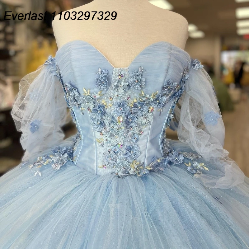 EVLAST 2024 Blue Quinceanera Dress Ball Gown 3D Floral Applique Beading Off Shoulder Corset Sweet 16 Vestido De 15 Anos TQD492