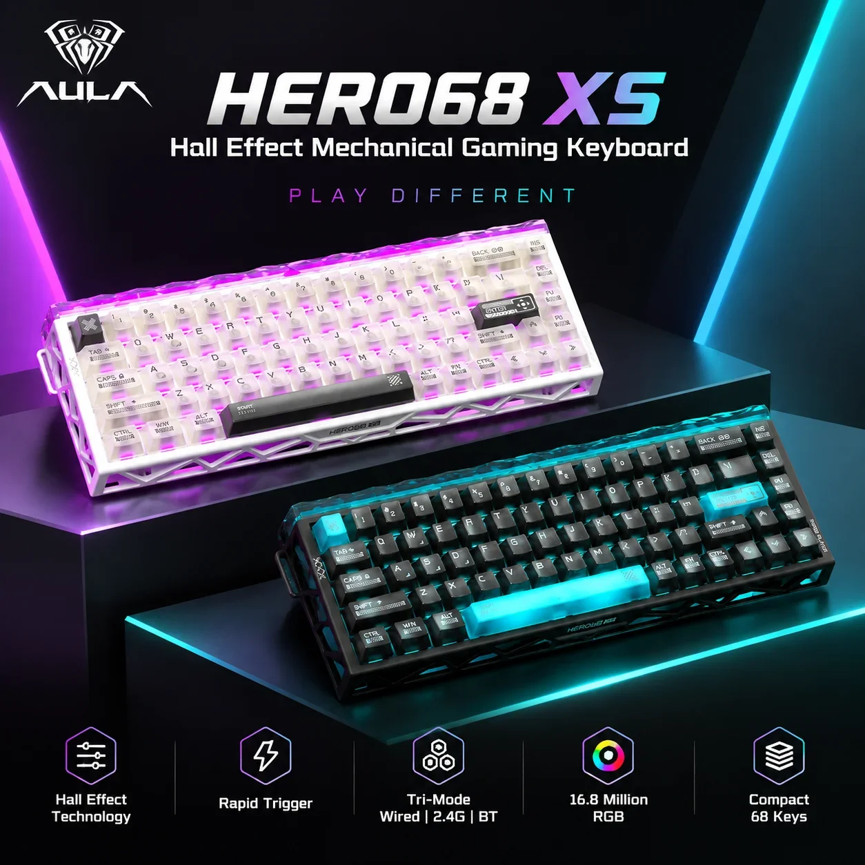 Aula Hero68 XS Hall Effect Magnetic Gaming Keyboard 60 Percent Wireless Keyboard Tri Mode BT5.3 2.4G Wired Rapid Trigger 0.005m